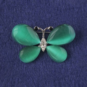 Butterfly Brooch with Green Cat's Eye, White Rhinestones, Silver-Toned Metal 25x38mm+