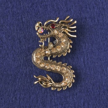 Dragon Brooch-Pendant with Yellow Crystals, Gold-Toned Metal 40x23 mm +