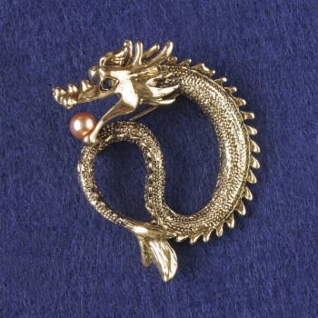 Dragon Brooch-Pendant with Golden Bead, Golden Metal 40x34 mm +