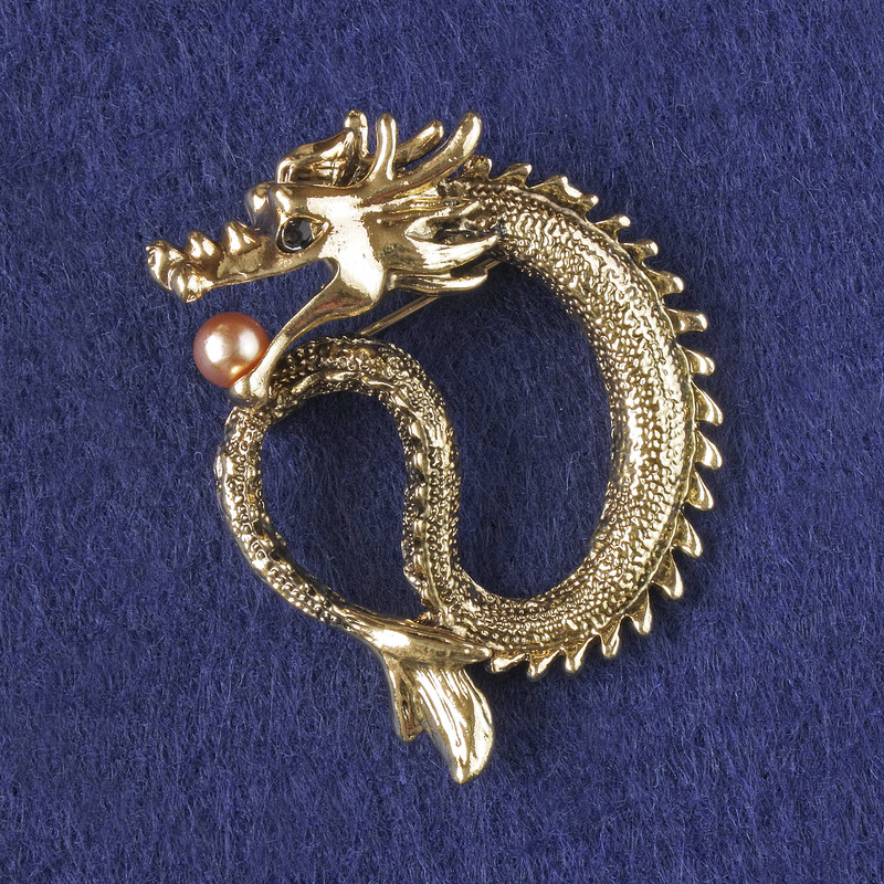 Dragon Brooch-Pendant with Golden Bead, Golden Metal 40x34 mm +