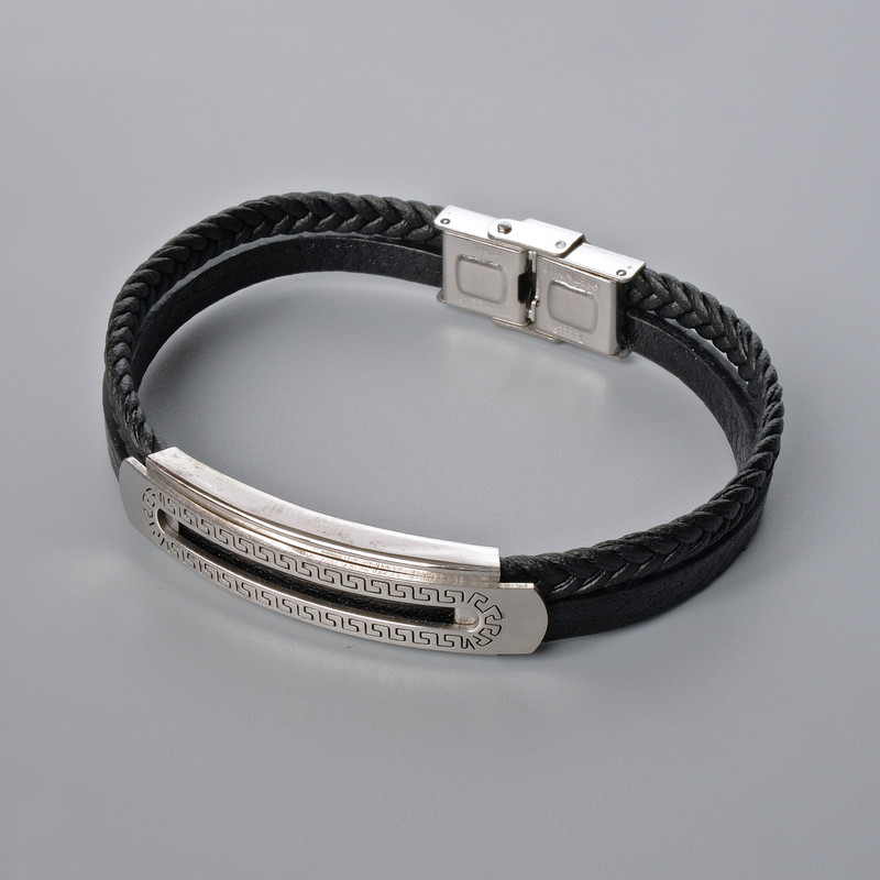 Men's bracelet with metal inserts, length 21 cm, thickness 10 mm ±, insert thickness 11.5 mm ±, black eco-leather