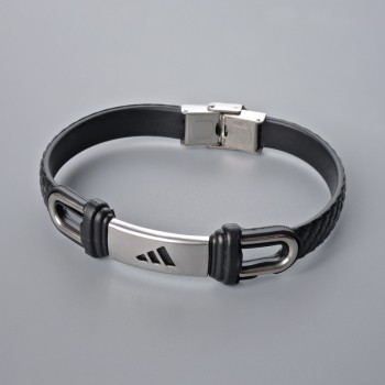 Men's bracelet with metal inserts, length 21 cm, thickness 10.5 mm (+/-), insert thickness 11 mm (+/-), black eco-leather
