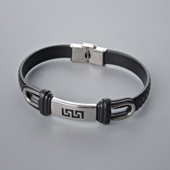 Men's bracelet with metal inserts, length 21 cm, thickness 10.5 mm, insert thickness 11 mm, black eco-leather