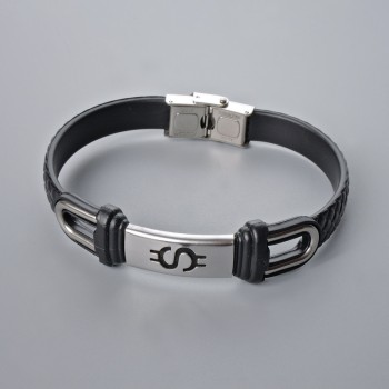 Men's bracelet with metal inserts, length 21 cm, thickness about 10.5 mm, insert thickness 11 mm, black eco-leather