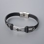 Men's bracelet with metal inserts, length 21 cm, thickness 10.5 mm, insert thickness 11 mm, black eco-leather