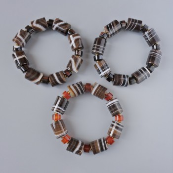 Brown Agate Bracelet, natural stone cylindrical beads, diameter 15x18 mm, 10x6 mm +-, length 18 cm +- (stretch) with inserts