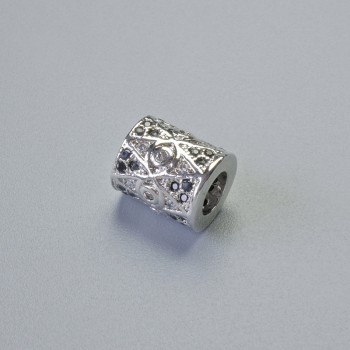 Bead-insert with rhinestones, white and black stones, 9x7.5 mm diameter, 4 mm hole, silver-tone metal, 1 pc