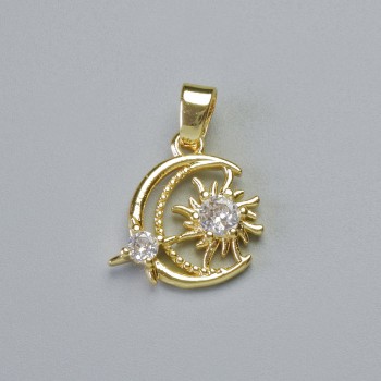 Pendant 'Moon' with white crystals, golden metal, diameter 16x16 mm, length 21 mm