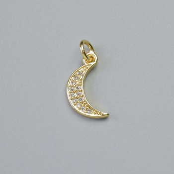 Pendant "Moon" with white crystals, golden metal, diameter 14.5×8 mm, length 17 mm+
