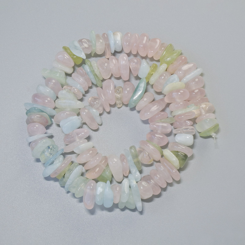 Morganite Beads, natural stone chips, 12 x 4 mm diameter, 40 cm +/- length on thread