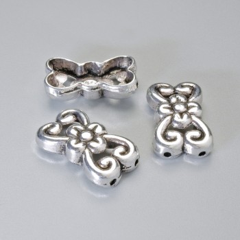 Bead-insert findings for two strands, 18.5 x 11 mm, hole diameter 1.3 mm, silver metal color, 4 pcs