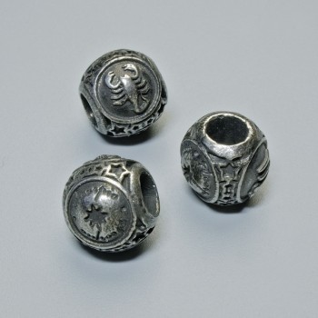 Bead-insert with Zodiac Sign 'Scorpio', diameter 9x10 mm, hole diameter 4.3 mm, dark-silver metal color, 1 piece