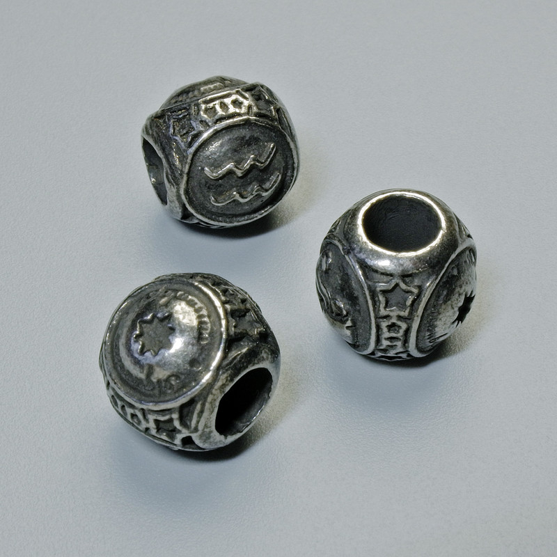 Bead-insert Aquarius zodiac sign, diameter 9x10 mm, hole diameter 4.3 mm, dark-silver metal color, 1 pc