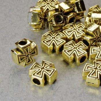 Bead-insert finding 'Cross', diameter 9x9x4.7 mm, 7 mm +/-, hole diameter 2.7 mm, gold-tone metal color, pack of 20 g +/- 18 pcs +