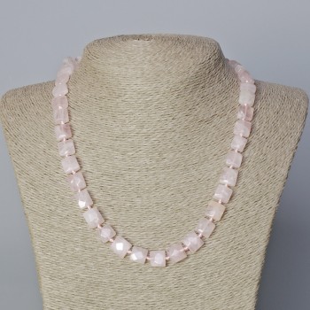 Rose quartz necklace, natural stone, faceted rectangle, 9x10x5 mm ±, length 45-49 cm