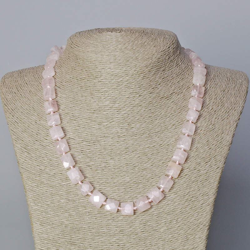 Rose quartz necklace, natural stone, faceted rectangle, 9x10x5 mm ±, length 45-49 cm