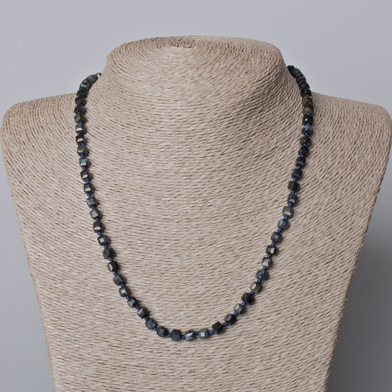 Hawk's Eye Necklace, natural stone, faceted cubes, 5 mm diameter +/-, length 45-49 cm