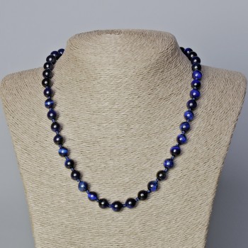 Blue Cat's Eye Necklace with Natural Stone, Smooth Beads, 8.5 mm Diameter, 45-48 cm Length