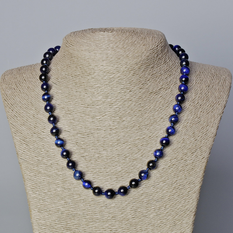 Blue Cat's Eye Necklace with Natural Stone, Smooth Beads, 8.5 mm Diameter, 45-48 cm Length