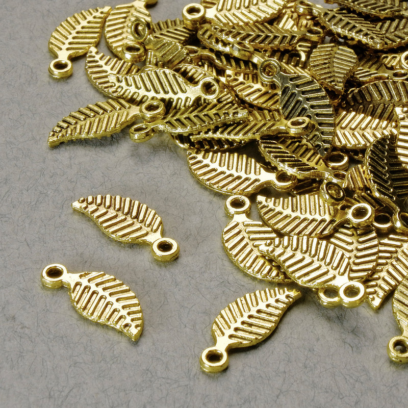 Pendant finding 'Leaf', diameter 14x6 mm, hole diameter 1.5 mm, gold-colored metal, pack of 60 pcs, approx 20 g.