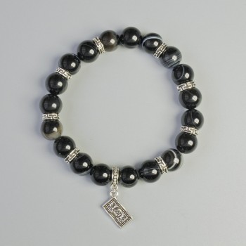 Black Agate Bracelet with Natural Stone, Smooth Beads, 10 mm Diameter ±, Stretch, Length 18 cm ±, with Metal Inserts