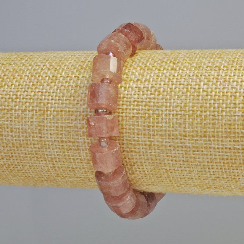 Strawberry Quartz Bracelet, natural stone, faceted discs, diameter 11×7 mm ± (stretch), length 18 cm ± with seed beads