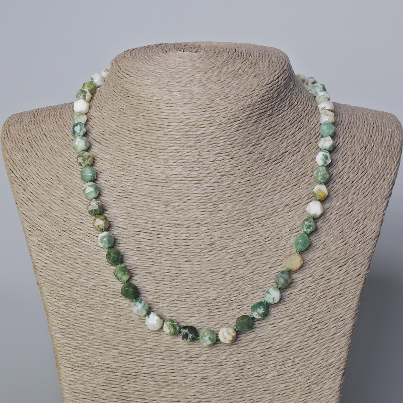 Moss Agate Necklace with natural stone faceted beads, diameter 7.5 mm, length 45-50 cm