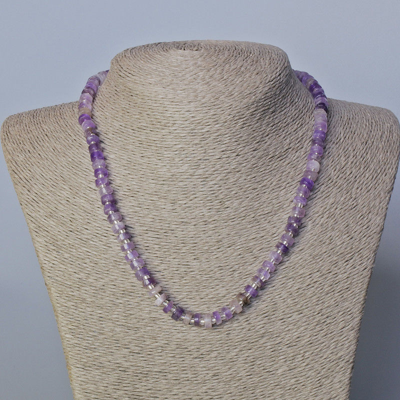 Amethyst Necklace with Natural Stone Discs and Beads, diameter 6.5×3 mm, length 45–47 cm ±
