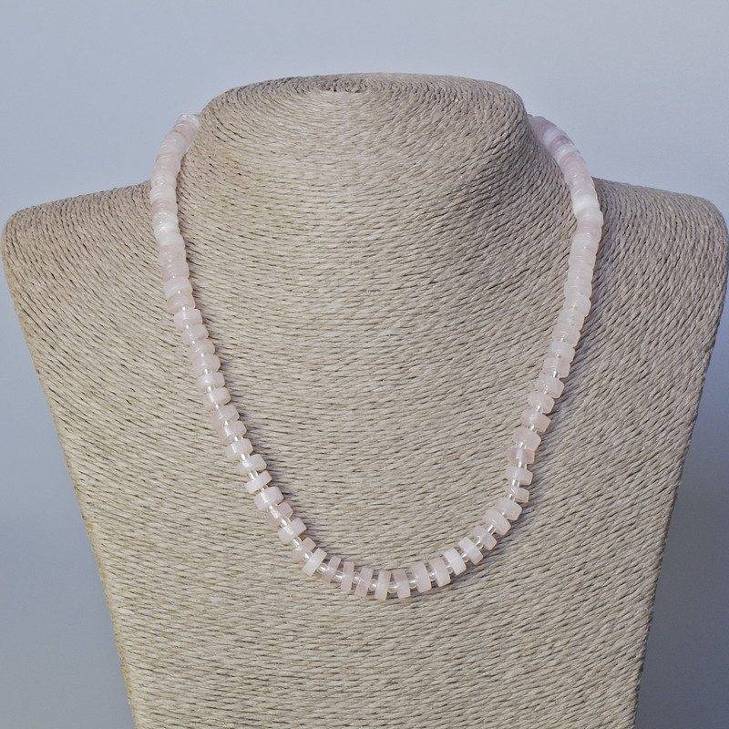 Necklace Pink Quartz natural stone disc beads with seed beads, diameter 7×3 mm, length 45–47 cm