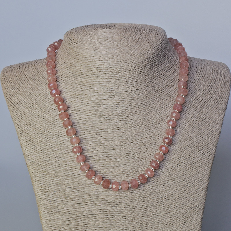 Strawberry Quartz Necklace, natural stone, faceted rondelle with beads, diameter 8x6 mm, length 45–47 cm