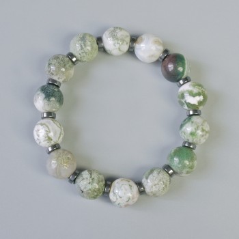 Bracelet Mossy Agate natural stone smooth bead, diameter 12mm± (Stretch), length 18cm± with Hematite inserts