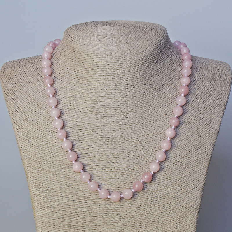 Pink Quartz Necklace (Imitation) Smooth Beads, 8 mm Diameter, Length 45–50 cm