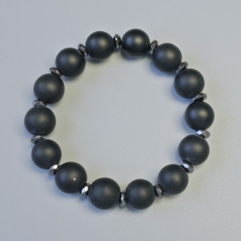 Shungite bracelet (imitation) smooth bead, diameter 12 mm ± (stretch), length 18 cm ± with hematite inserts