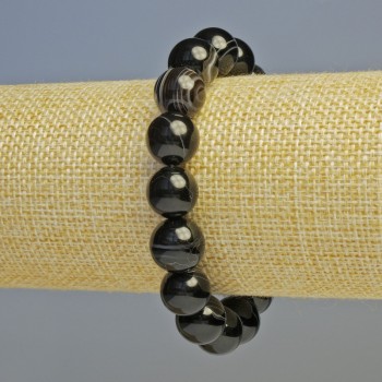Bracelet Black Agate natural stone smooth beads, diameter 12mm± (stretch), length 18cm+