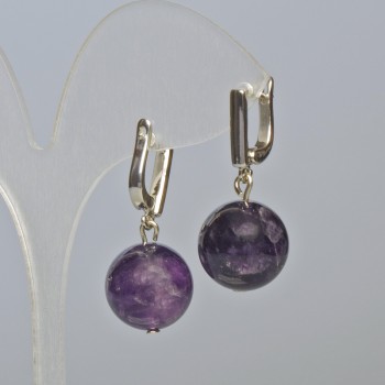 Amethyst earrings, natural stone, smooth ball, diameter 16mm ±, length 33mm ±, English clasp