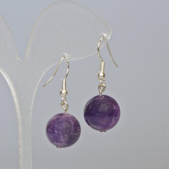 Amethyst natural stone smooth-ball earrings, diameter 14 mm ±, length 35 mm ±