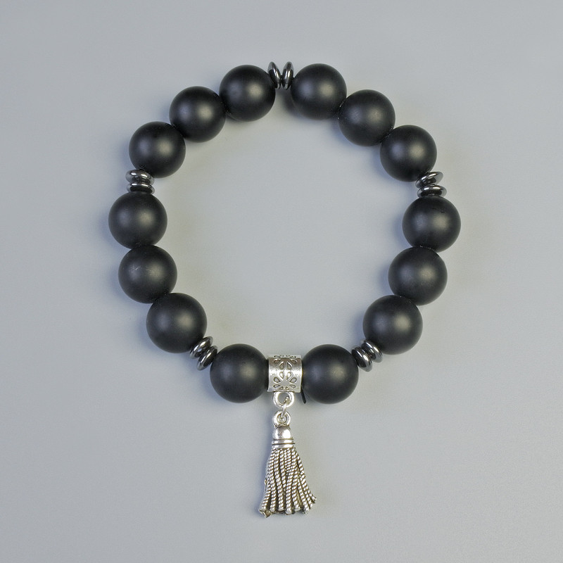 Shungite bracelet (imitation) smooth beads, diameter 12 mm +/- (stretch), length 18 cm +/- with hematite inlays