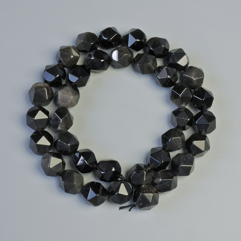 Beads of Silvery Obsidian natural stone, faceted, diameter 8.5×10 mm, length 36 cm on thread
