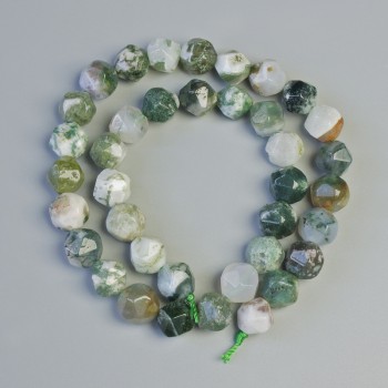 Moss Agate Beads, natural stone, faceted, 9x10 mm diameter, 37 cm length on thread