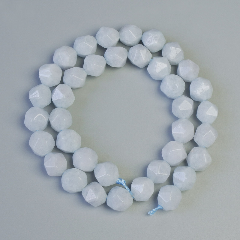 Faceted Aquamarine Beads, Natural Stone, Diameter 9×10 mm, Length approximately 37 cm on thread