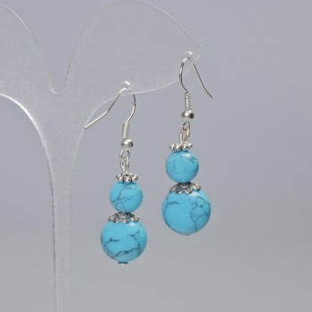 Turquoise Earrings (Pressed) Smooth Balls, Diameters 12.5 mm and 8.5 mm, Length 44 mm, with Metal Inlays