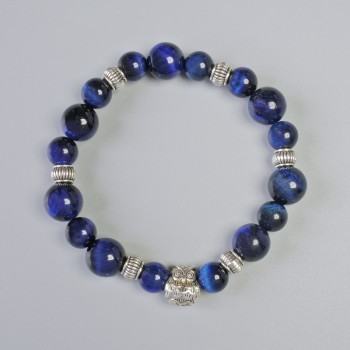 Blue Cat's Eye Bracelet with Smooth Beads, Diameters 10.5 mm and 8.5 mm +/- (Stretch), Length 18 cm +/- with Metal Inserts
