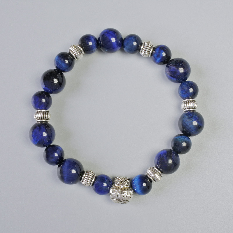 Blue Cat's Eye Bracelet with Smooth Beads, Diameters 10.5 mm and 8.5 mm +/- (Stretch), Length 18 cm +/- with Metal Inserts