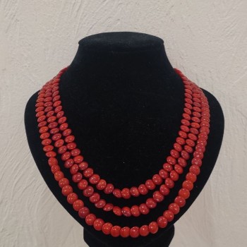 Three-strand Necklace of Natural Coral Coin Beads, diameter 8.5×4 mm, length 45-53 cm