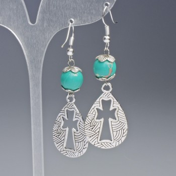 Green Variscite Earrings - Smooth Ball Beads, 10 mm Diameter, 19.5×31 mm, Length 63 mm, with Metal Inserts