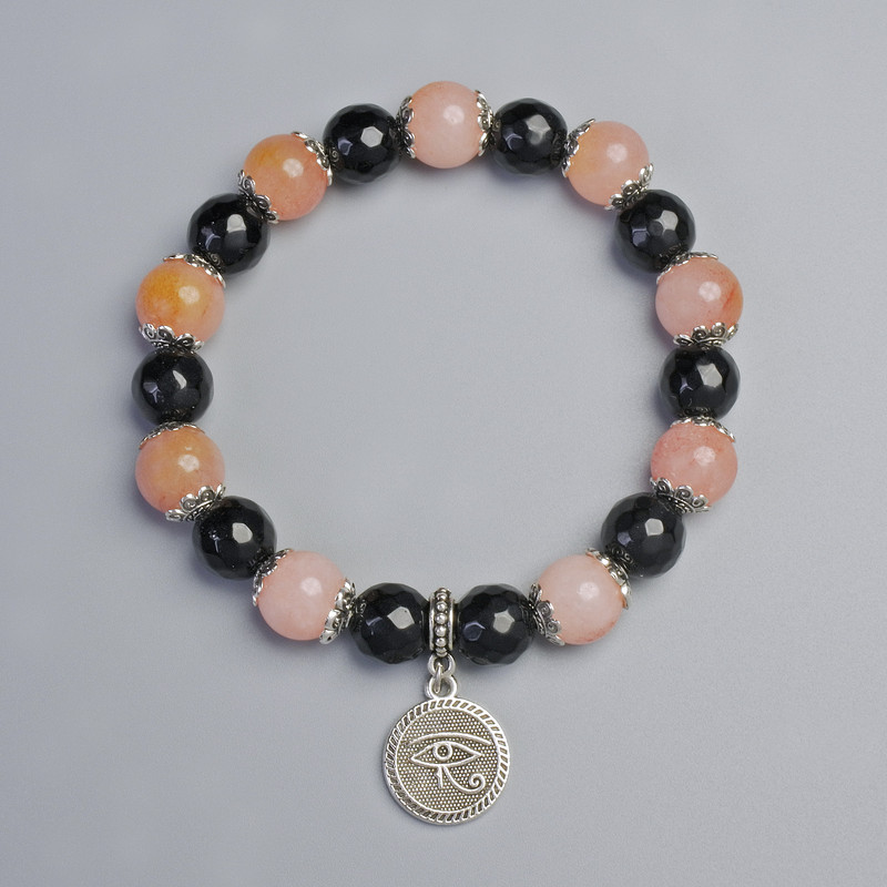 Bracelet of Agate and Tinted Quartz, diameter 10.5 mm, 10 mm +/- (stretch), length 18 cm +/- with metal inserts