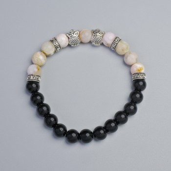 Bracelet with Pink Opal and Black Agate, 8 mm diameter ± (stretch), length 18 cm ± with metal inserts