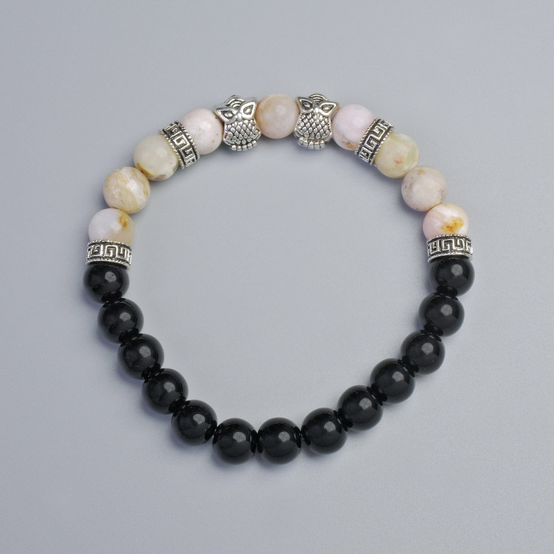 Bracelet with Pink Opal and Black Agate, 8 mm diameter ± (stretch), length 18 cm ± with metal inserts