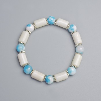 Bracelet with Aquamarine (Imitation) and White Agate, dimensions 7.5×12 mm, 8 mm ± (stretch), length 18 cm ±, with metal inserts