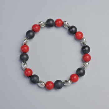 Bracelet Coral and Shungite (Imitation) Smooth Bead, 8 mm Diameter ± (Stretch), Length 18 cm ± with Metal Inserts